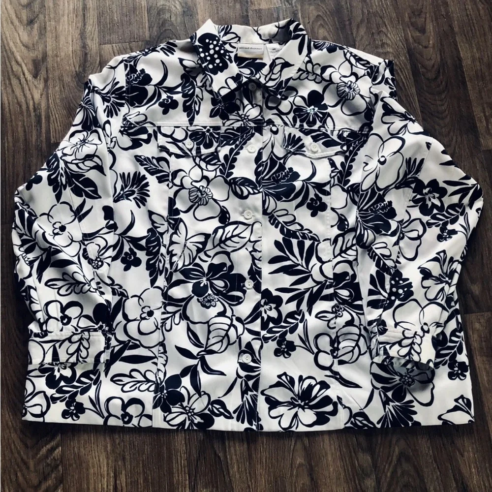 ALFRED DUNNER Sequin Jacket Womens 14 White Navy Blue Floral Shirt Shacket - Picture 2 of 9